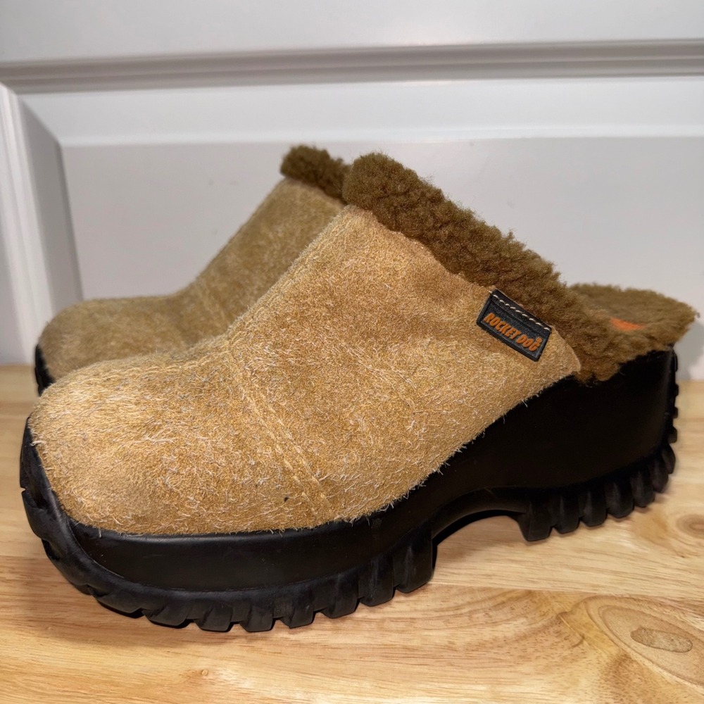 Rocket Dog Vintage Y2K Platform Clogs Tan Leather Fur Mules Womens 6 C1193128